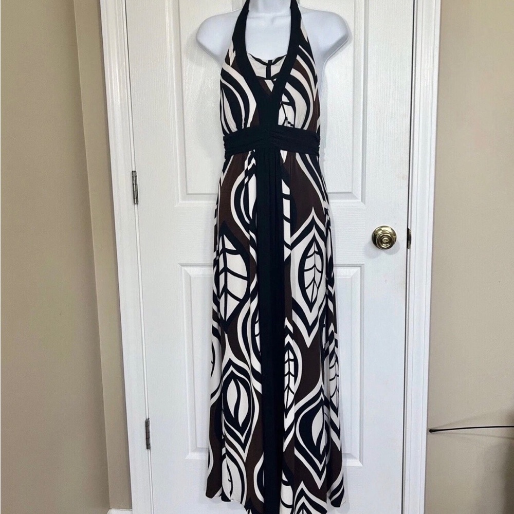 Bisou Bisou Michele Bohbot Maxi Dress 8 Halter Neck Abstract Brown Black White